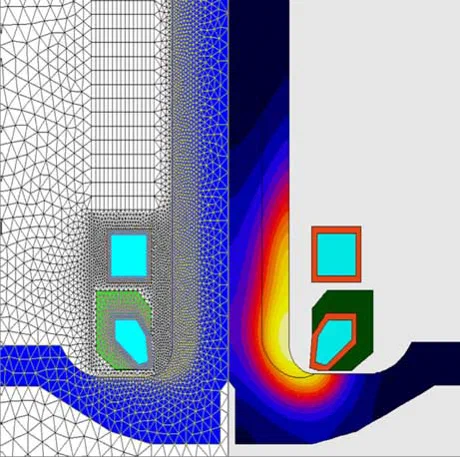 Electromagnetic simulation of an induction coil showing mesh and heat pattern